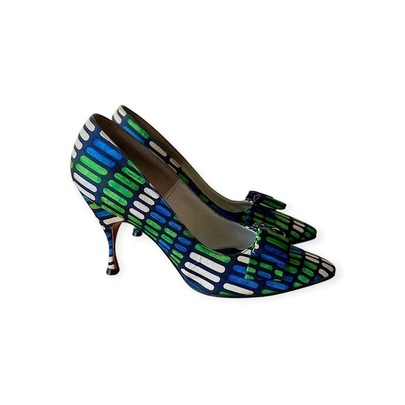 Vintage Herbert Levine Pumps |1960s Mod| Blue Green Geometric, Bow | Size 5.5A - Picture 7 of 14